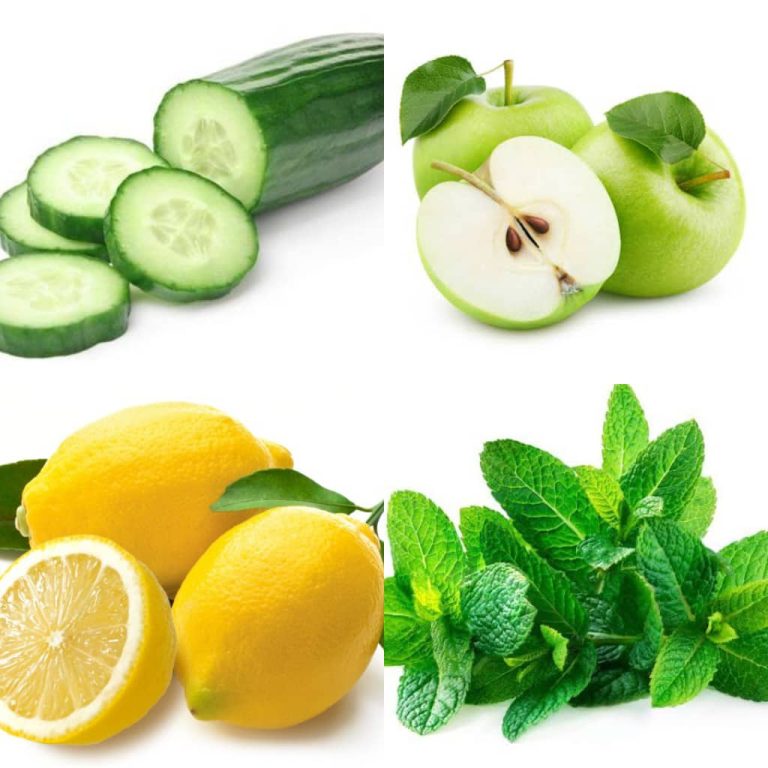 Cucumber, Green apple, Fresh mint leaves, and lemon juice.