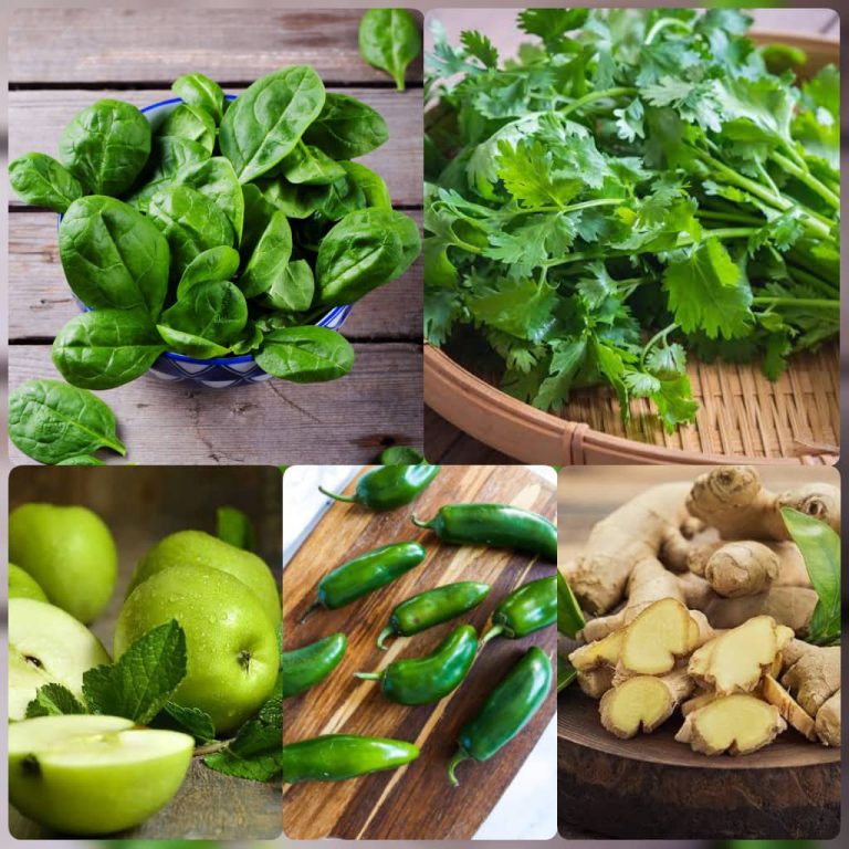 spinach, green apple, cilantro, ginger, Jelapeno pepper