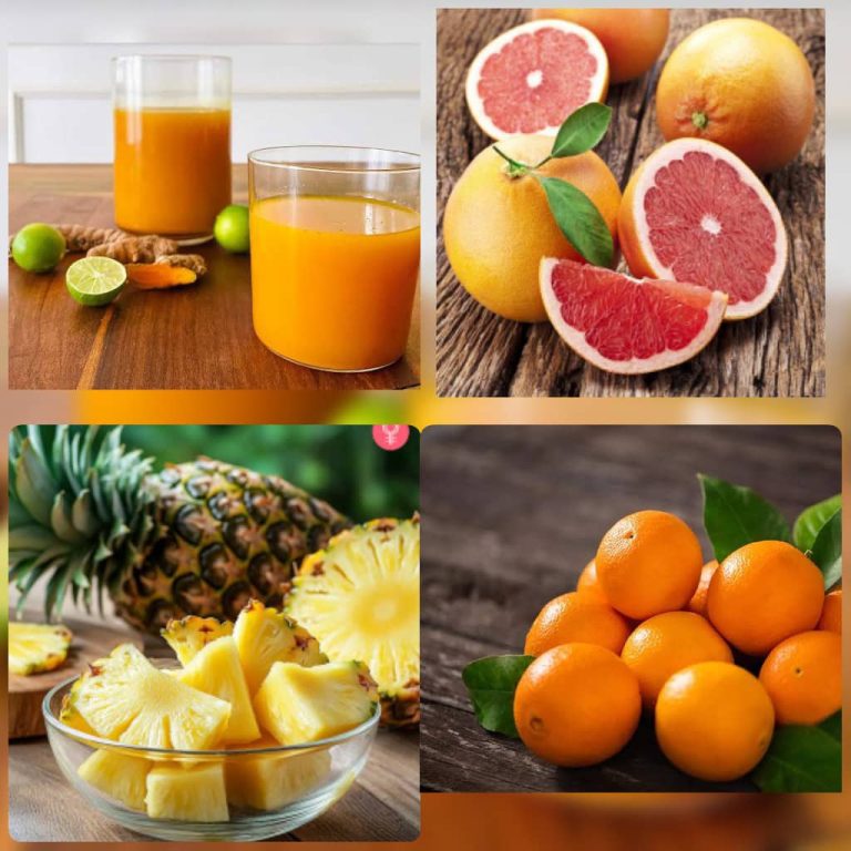 Orange, grapefruit, pineapple, turmeric, lemon .